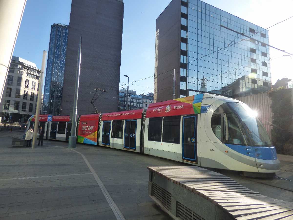 Blue ended West Midlands Metro trams with advertisements